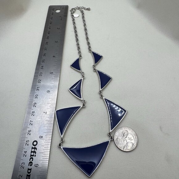 Vintage Express 90’s Silver Tone And Blue Enamel Geometric Necklace Signed - Picture 2 of 6